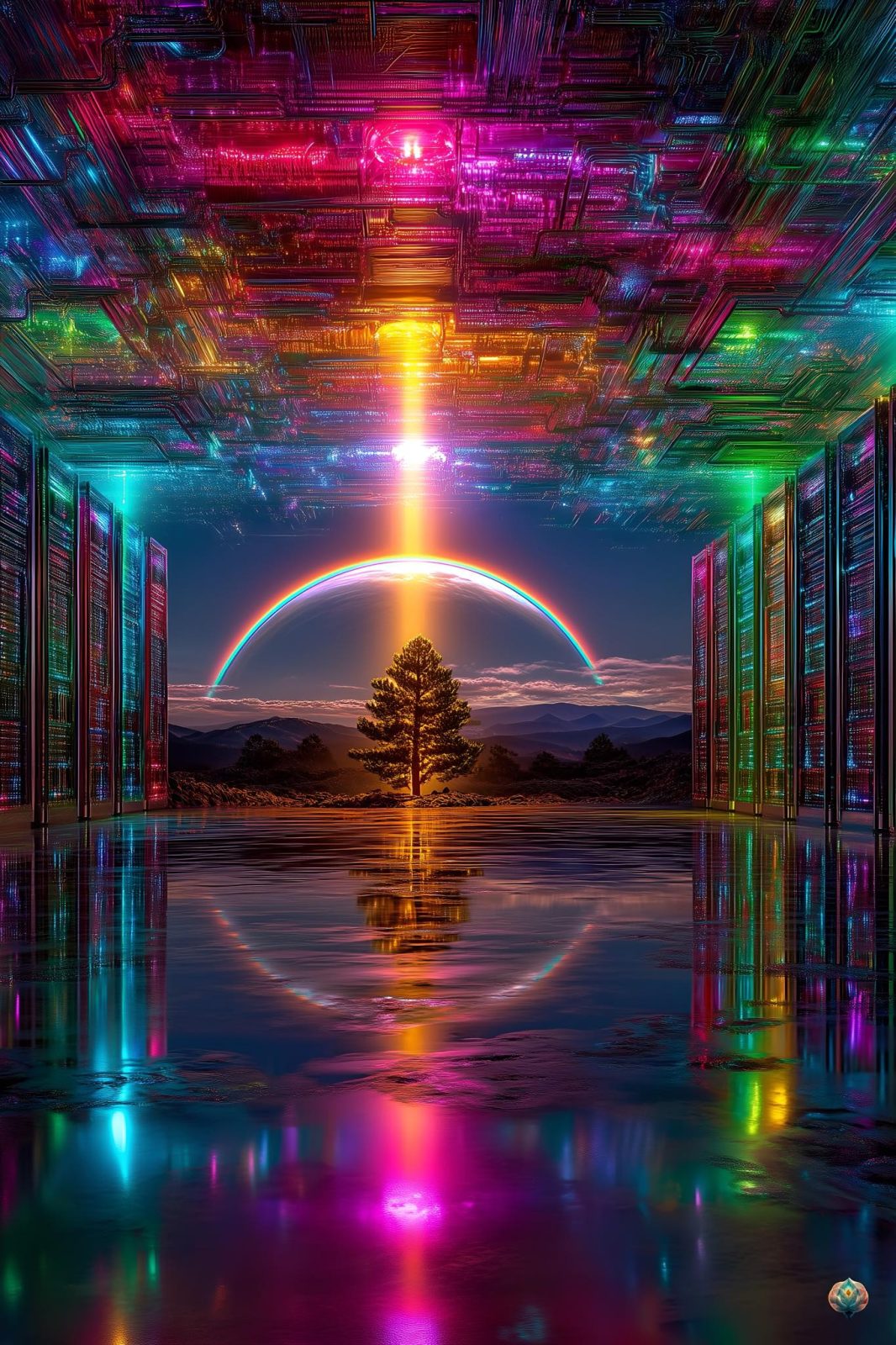 Davanti a noi si apre un paesaggio visionario, in cui natura e tecnologia cosmica si fondono in un’unica sinfonia di luce. Un albero solitario, radicato nel cuore della Terra, si innalza come pilastro sacro. Sopra di esso, un raggio di energia dorata discende dal cielo, connettendo la sorgente luminosa a un grande arco arcobaleno che abbraccia l’orizzonte. Ai lati, si ergono muri di codici luminosi — come circuiti viventi, intrecciati in un tempio quantico multicolore. Le loro trame pulsano di frequenze, riflettendosi nell’acqua sottostante che diventa specchio di un universo interiore ed esteriore allo stesso tempo. I colori — viola, turchese, oro, verde smeraldo — vibrano come note di una partitura universale, suggerendo che la realtà stessa sia scritta in luce e coscienza. L’immagine trasmette un messaggio potente: le radici dell’albero non affondano nella terra, ma nel codice cosmico, ricordandoci che la vita non è un fenomeno isolato, ma parte di un disegno quantico più vasto.